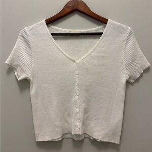 Altar’d State Cropped Ribbed V-Neck Shirt with Buttons – White, Medium